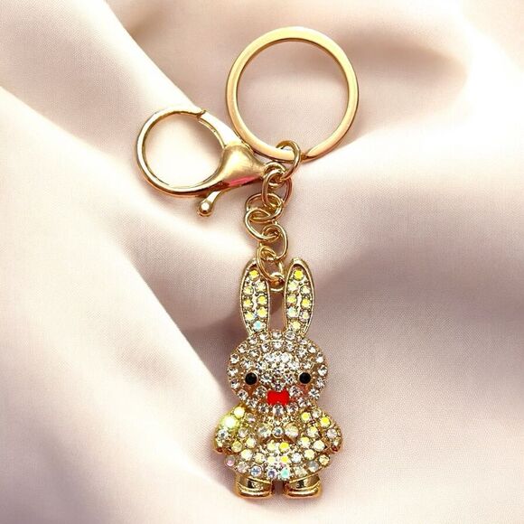 White and Iridescent Crystal Bunny Gold Tone Keychain - Picture 1 of 3